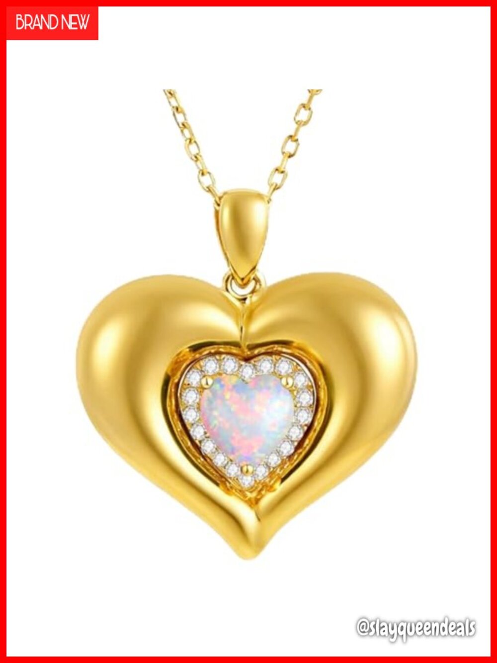 18K Gold Plated Heart Pendant Necklace with Opal Birthstone